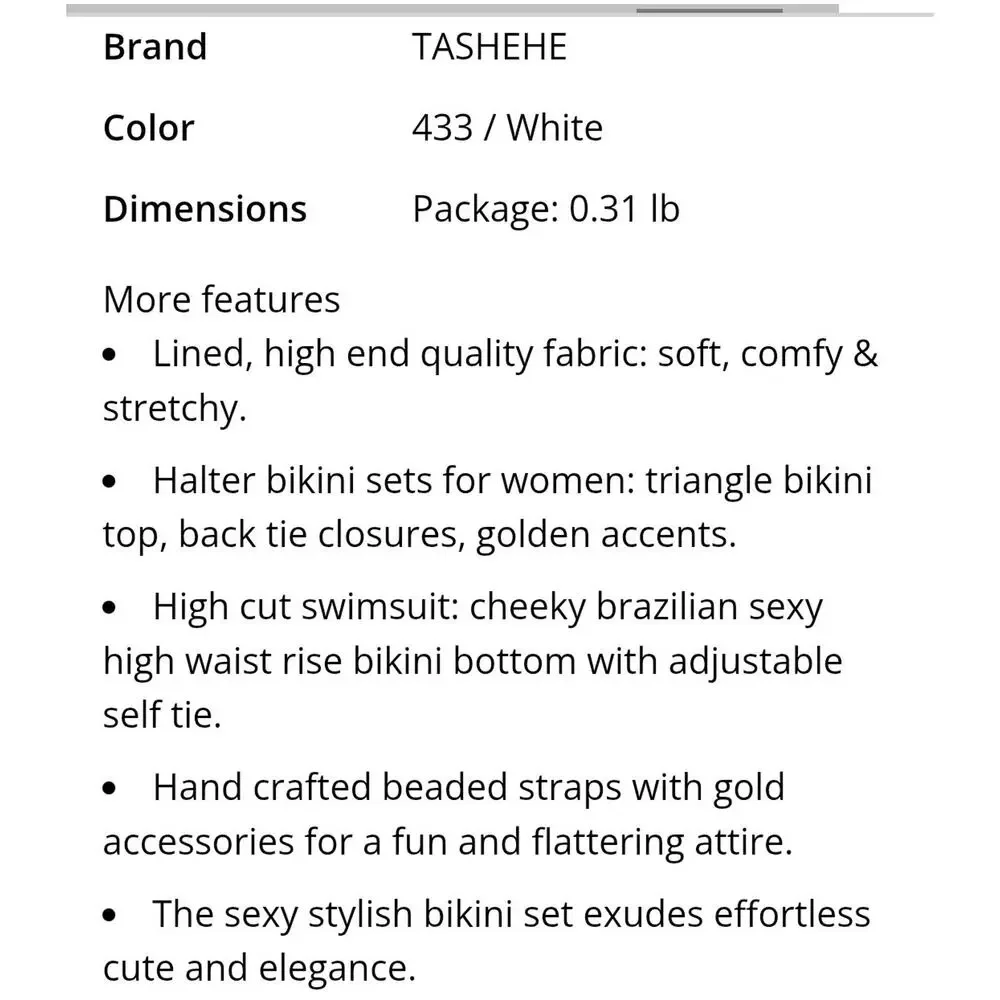 TASHEHE Women’s 2-Piece Triangle Halter Bikini Set Beaded Tie Lined S White